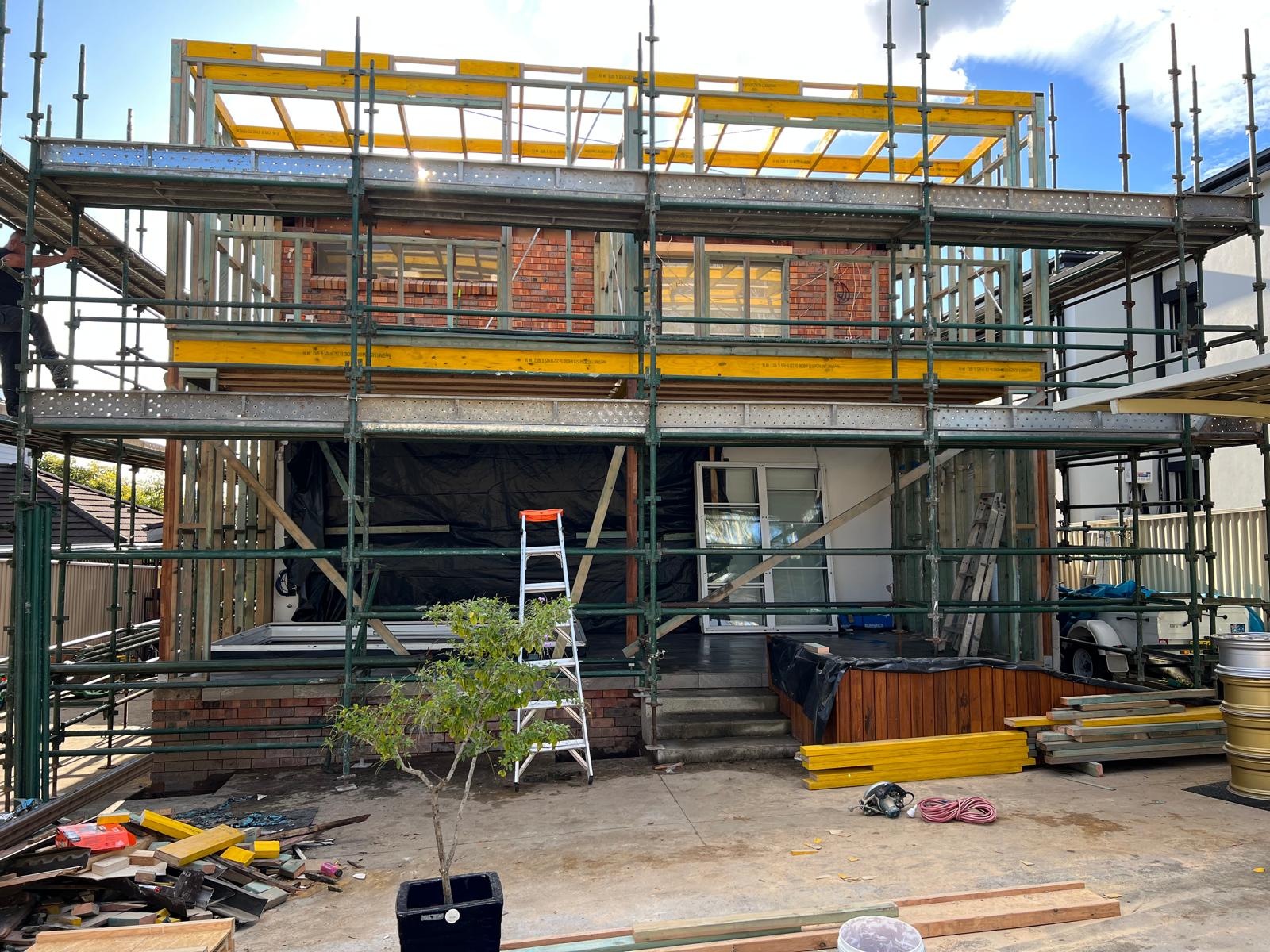 Second-storey addition with scaffold in place